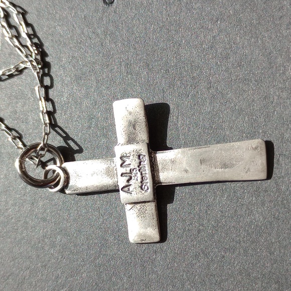 Sterling Silver Stamped Cross Pendant Necklace Signed - Picture 6 of 13